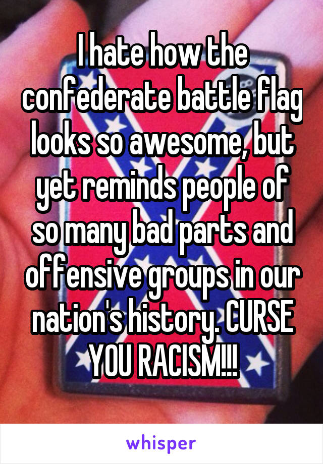 I hate how the confederate battle flag looks so awesome, but yet reminds people of so many bad parts and offensive groups in our nation's history. CURSE YOU RACISM!!!
