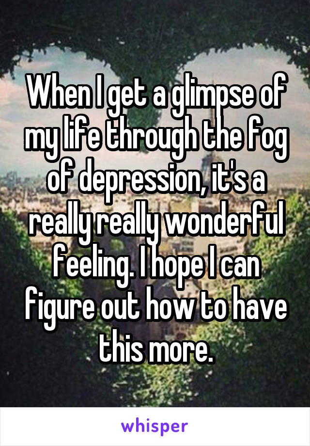 When I get a glimpse of my life through the fog of depression, it's a really really wonderful feeling. I hope I can figure out how to have this more.