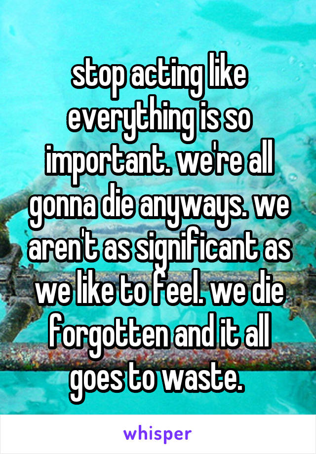 stop acting like everything is so important. we're all gonna die anyways. we aren't as significant as we like to feel. we die forgotten and it all goes to waste. 