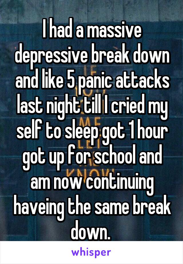 I had a massive depressive break down and like 5 panic attacks last night till I cried my self to sleep got 1 hour got up for school and am now continuing haveing the same break down. 