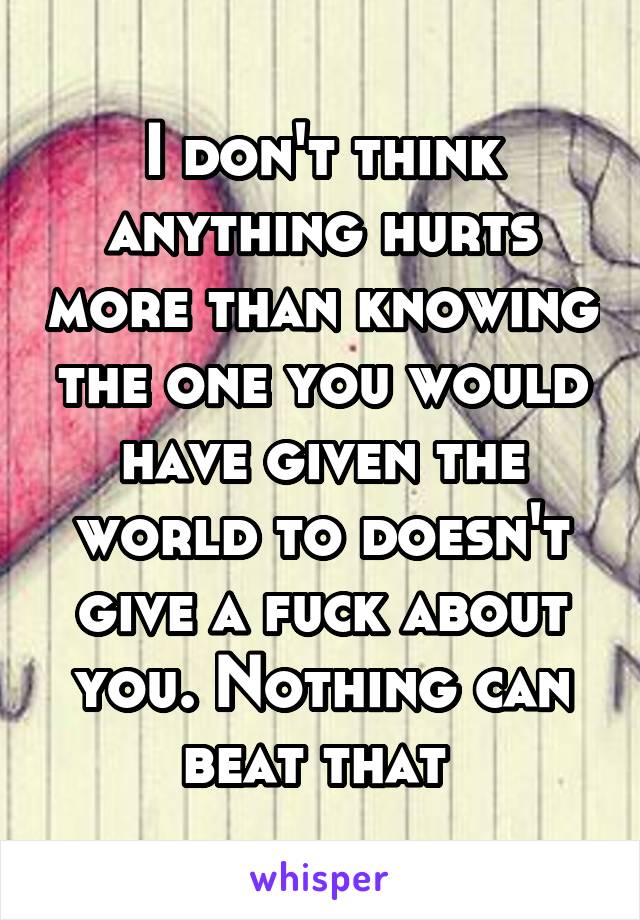 I don't think anything hurts more than knowing the one you would have given the world to doesn't give a fuck about you. Nothing can beat that 