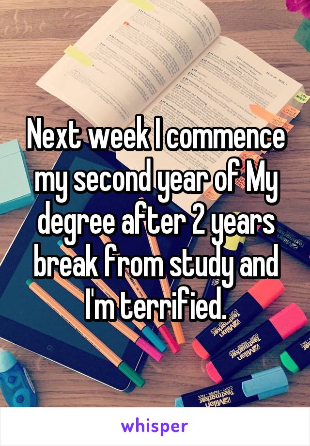 Next week I commence my second year of My degree after 2 years break from study and I'm terrified.