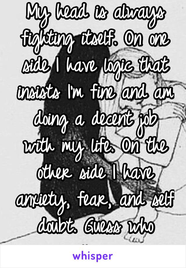 My head is always fighting itself. On one side I have logic that insists I'm fine and am doing a decent job with my life. On the other side I have anxiety, fear, and self doubt. Guess who usually wins