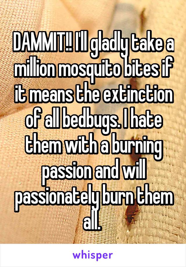 DAMMIT!! I'll gladly take a million mosquito bites if it means the extinction of all bedbugs. I hate them with a burning passion and will passionately burn them all. 