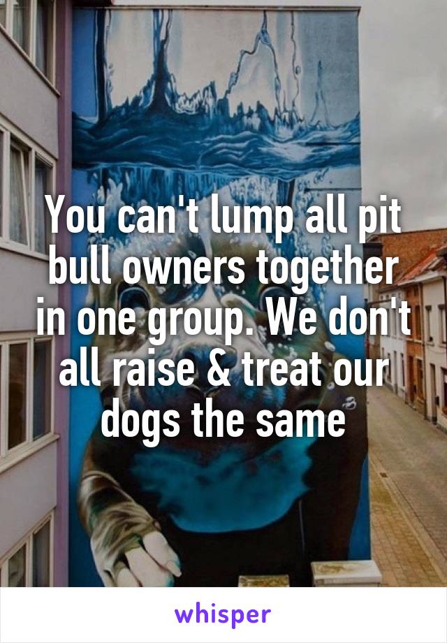 You can't lump all pit bull owners together in one group. We don't all raise & treat our dogs the same