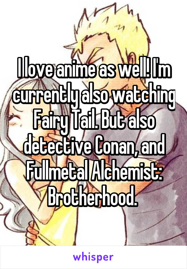I love anime as well! I'm currently also watching Fairy Tail. But also detective Conan, and Fullmetal Alchemist: Brotherhood. 