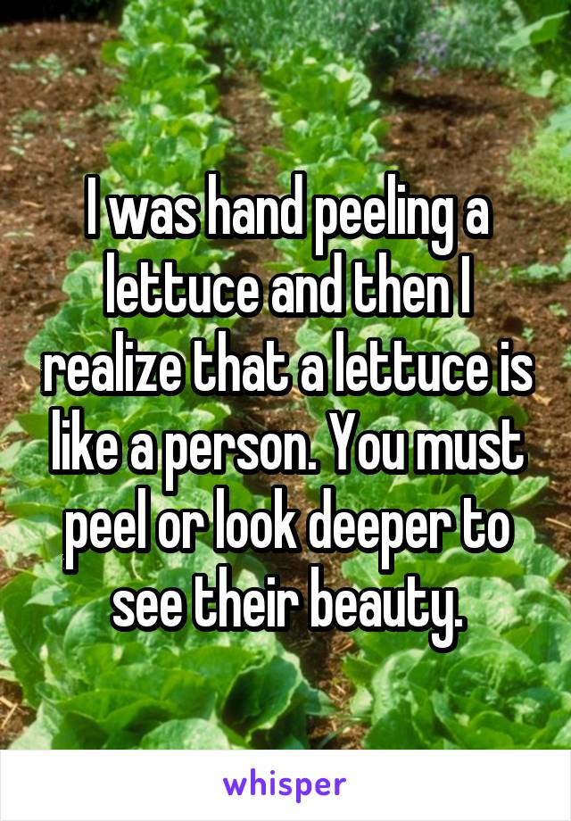 I was hand peeling a lettuce and then I realize that a lettuce is like a person. You must peel or look deeper to see their beauty.