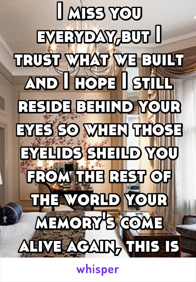 I miss you everyday,but I trust what we built and I hope I still reside behind your eyes so when those eyelids sheild you from the rest of the world your memory's come alive again, this is all I have 