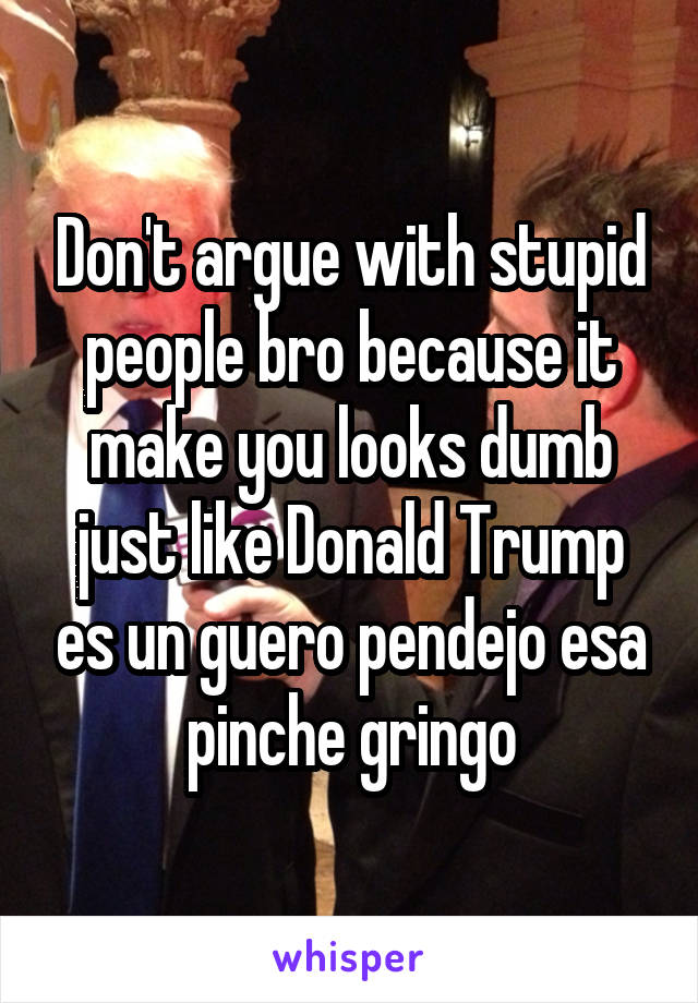 Don't argue with stupid people bro because it make you looks dumb just like Donald Trump es un guero pendejo esa pinche gringo