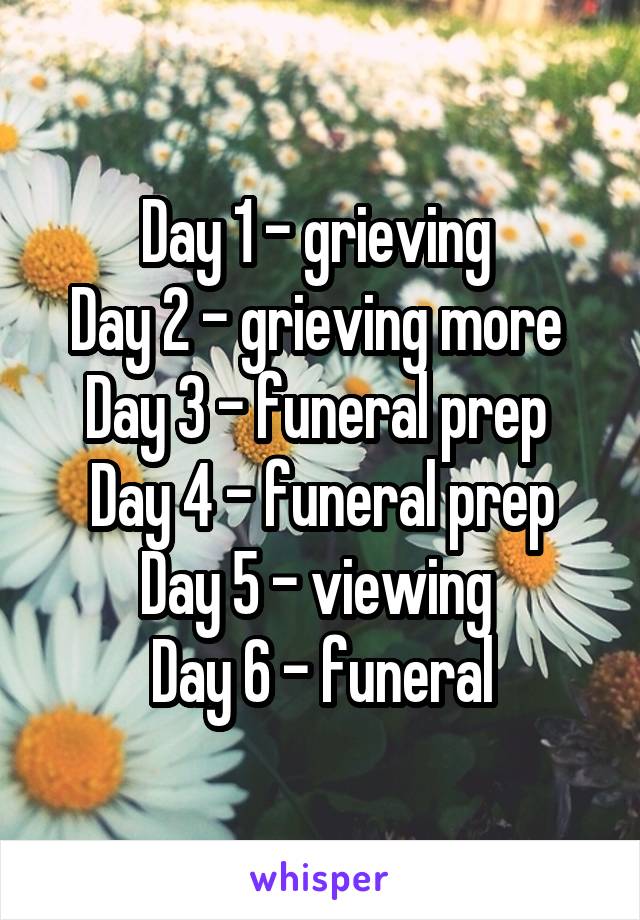 Day 1 - grieving 
Day 2 - grieving more 
Day 3 - funeral prep 
Day 4 - funeral prep
Day 5 - viewing 
Day 6 - funeral