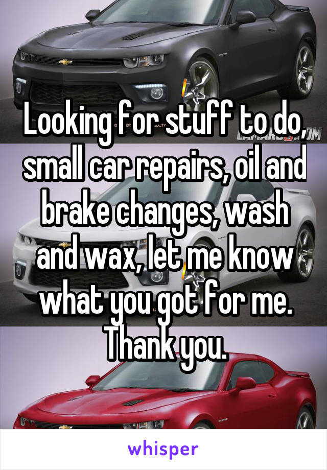 Looking for stuff to do, small car repairs, oil and brake changes, wash and wax, let me know what you got for me. Thank you.