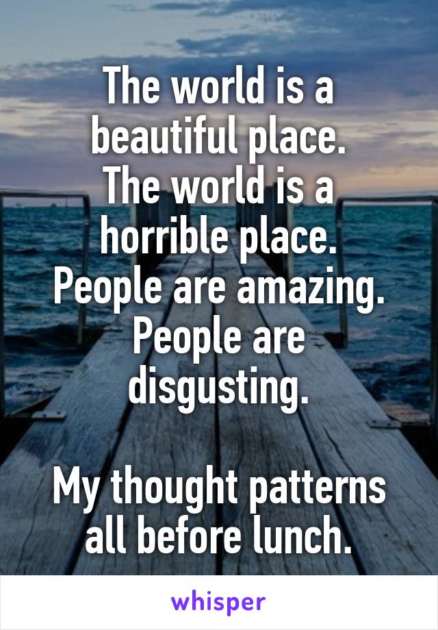 The world is a beautiful place.
The world is a horrible place.
People are amazing.
People are disgusting.

My thought patterns all before lunch.