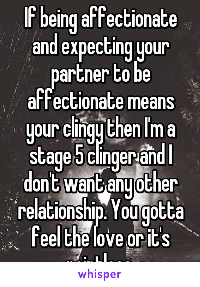 If being affectionate and expecting your partner to be affectionate means your clingy then I'm a stage 5 clinger and I don't want any other relationship. You gotta feel the love or it's pointless 