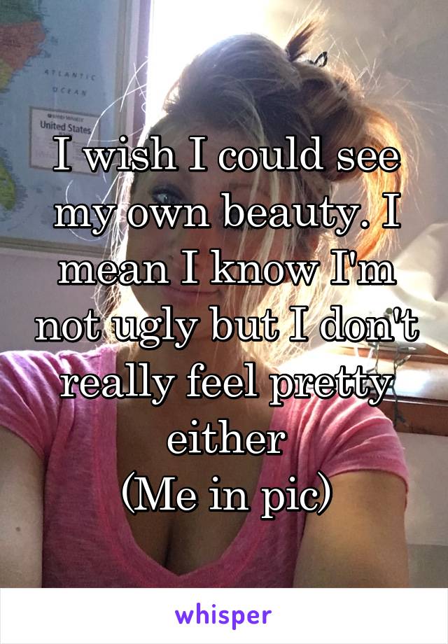 I wish I could see my own beauty. I mean I know I'm not ugly but I don't really feel pretty either
(Me in pic)