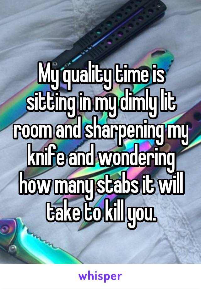 My quality time is sitting in my dimly lit room and sharpening my knife and wondering how many stabs it will take to kill you.