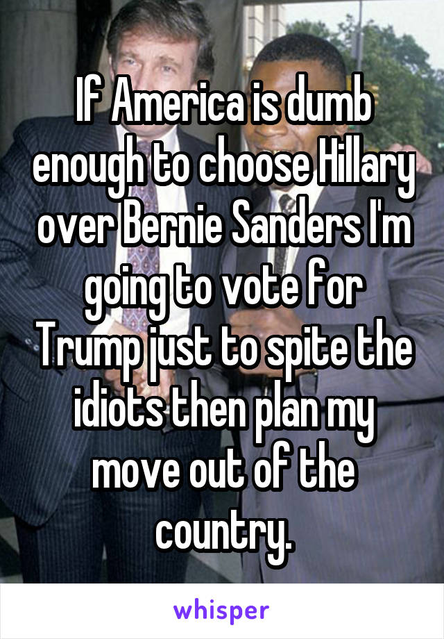 If America is dumb enough to choose Hillary over Bernie Sanders I'm going to vote for Trump just to spite the idiots then plan my move out of the country.