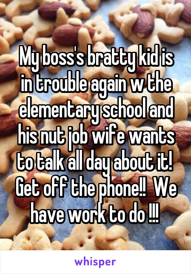 My boss's bratty kid is in trouble again w the elementary school and his nut job wife wants to talk all day about it!  Get off the phone!!  We have work to do !!! 