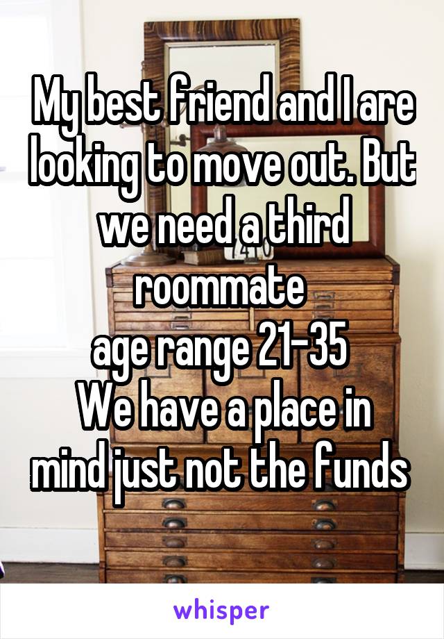 My best friend and I are looking to move out. But we need a third roommate 
age range 21-35 
We have a place in mind just not the funds 
