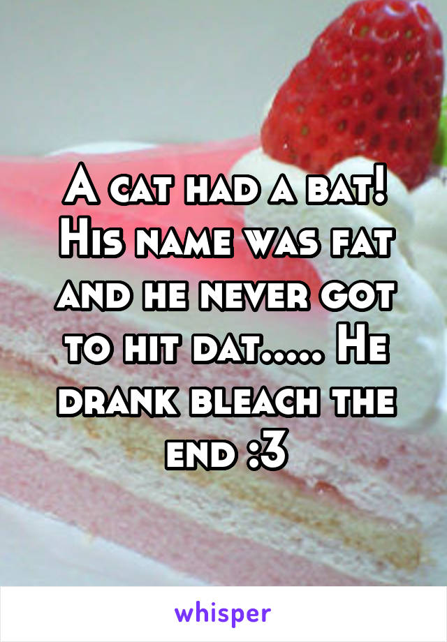 A cat had a bat! His name was fat and he never got to hit dat..... He drank bleach the end :3