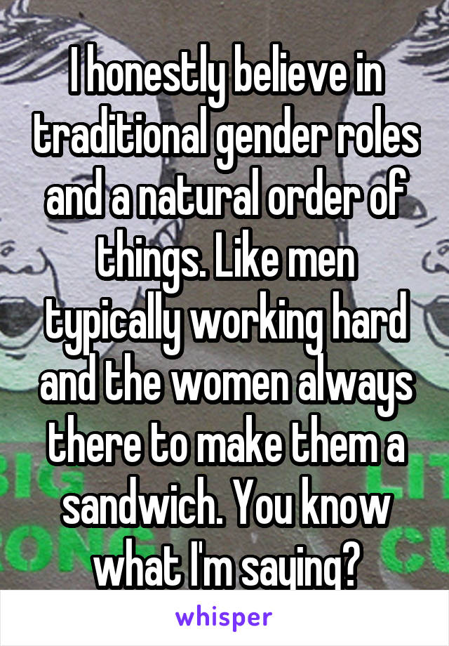 I honestly believe in traditional gender roles and a natural order of things. Like men typically working hard and the women always there to make them a sandwich. You know what I'm saying?