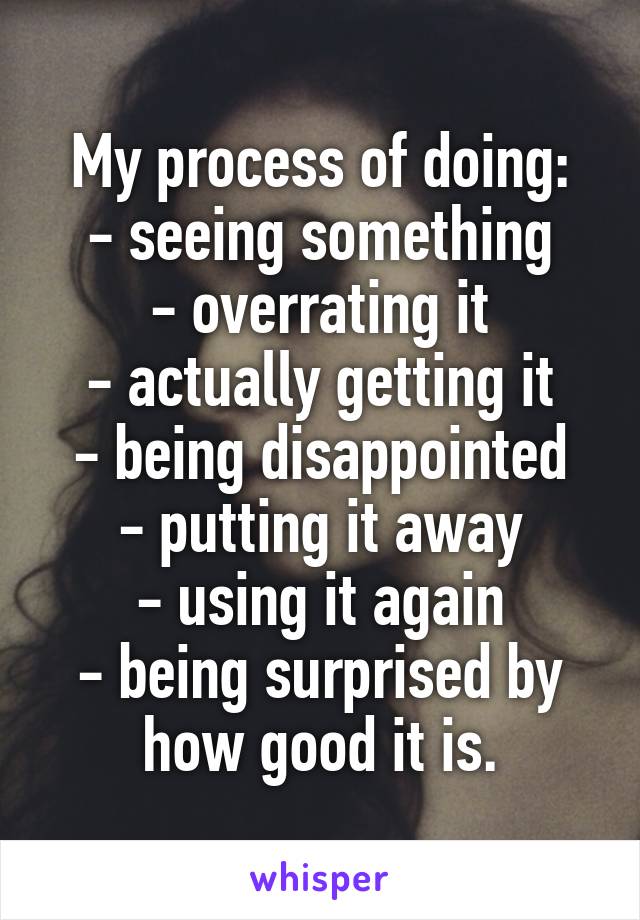 My process of doing:
- seeing something
- overrating it
- actually getting it
- being disappointed
- putting it away
- using it again
- being surprised by how good it is.