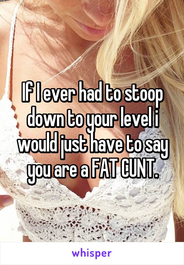 If I ever had to stoop down to your level i would just have to say you are a FAT CUNT.