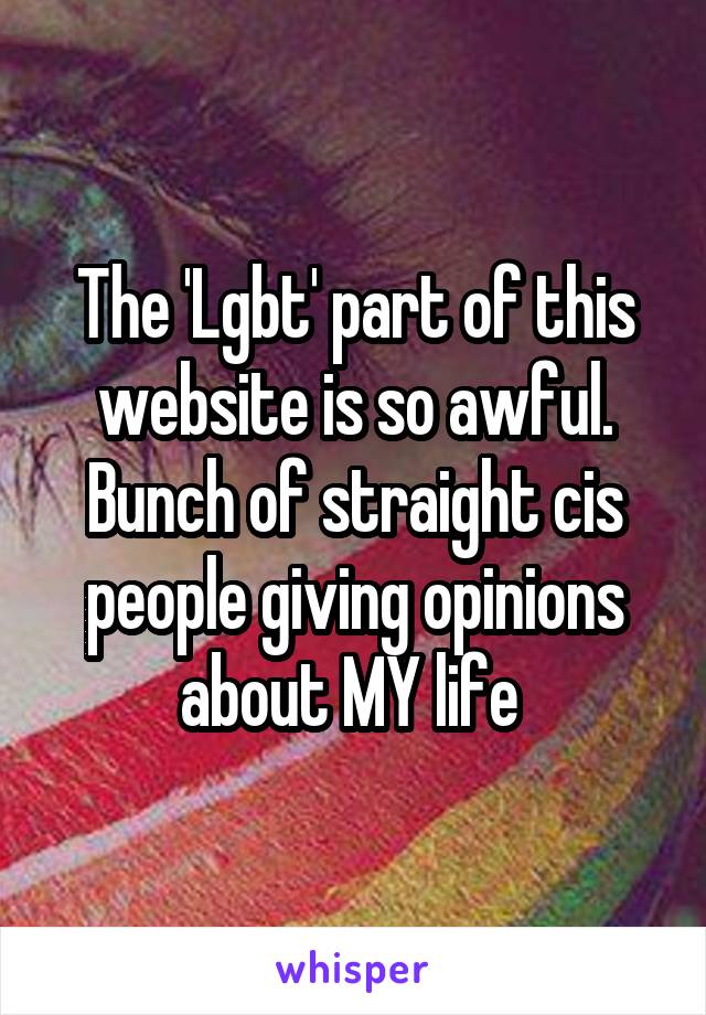 The 'Lgbt' part of this website is so awful. Bunch of straight cis people giving opinions about MY life 