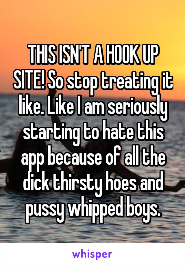 THIS ISN'T A HOOK UP SITE! So stop treating it like. Like I am seriously starting to hate this app because of all the dick thirsty hoes and pussy whipped boys.