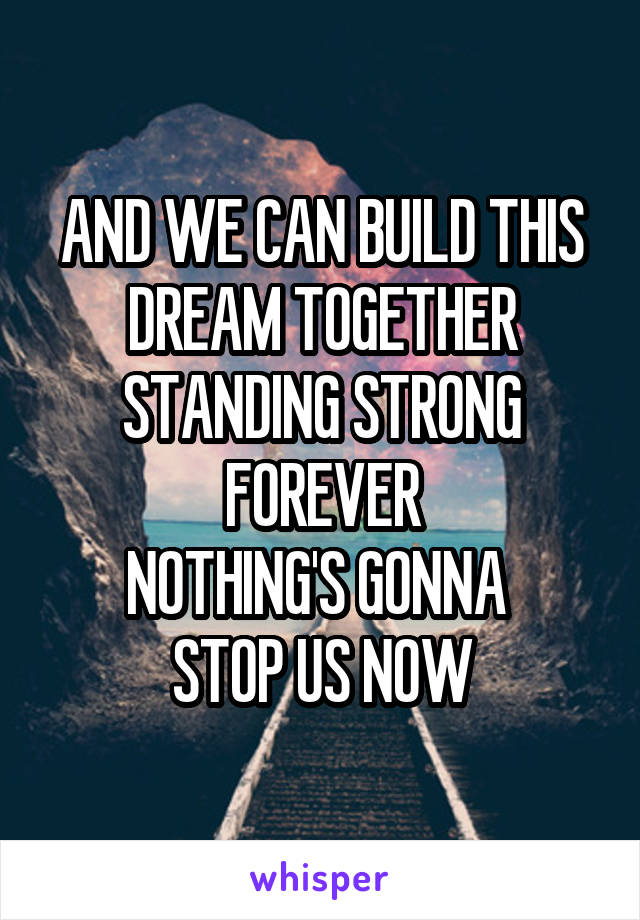 AND WE CAN BUILD THIS DREAM TOGETHER
STANDING STRONG FOREVER
NOTHING'S GONNA 
STOP US NOW