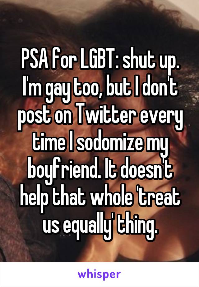 PSA for LGBT: shut up.
I'm gay too, but I don't post on Twitter every time I sodomize my boyfriend. It doesn't help that whole 'treat us equally' thing.