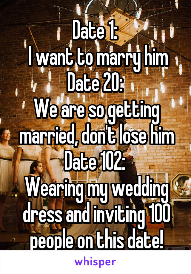Date 1: 
 I want to marry him
Date 20: 
We are so getting married, don't lose him
Date 102: 
Wearing my wedding dress and inviting 100 people on this date!