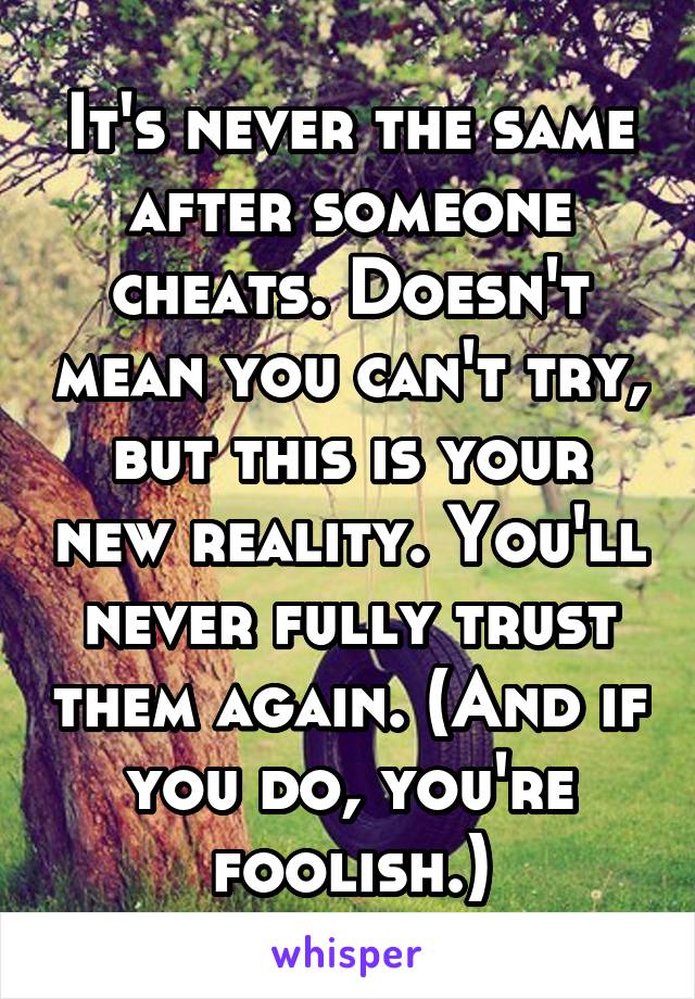 It's never the same after someone cheats. Doesn't mean you can't try, but this is your new reality. You'll never fully trust them again. (And if you do, you're foolish.)