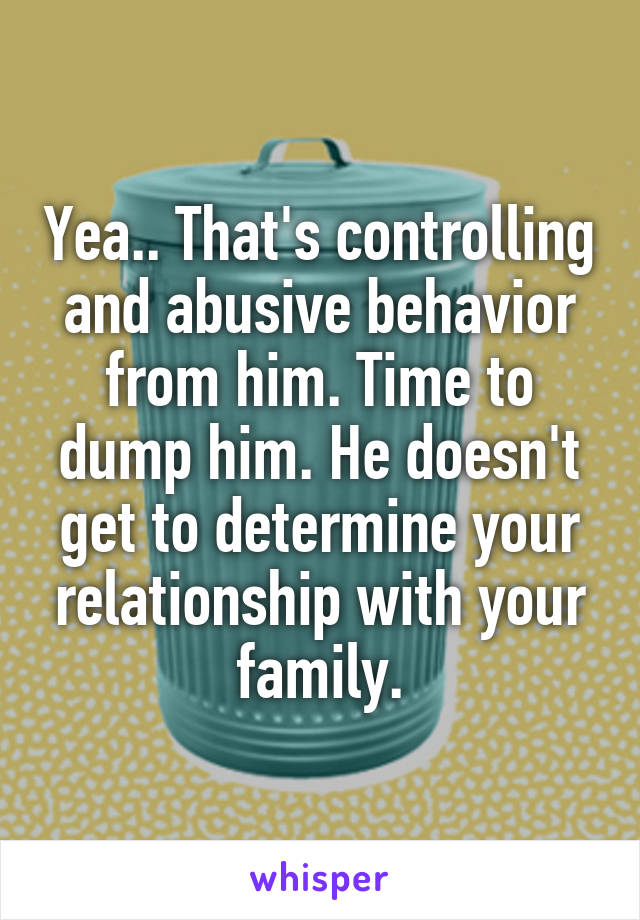 Yea.. That's controlling and abusive behavior from him. Time to dump him. He doesn't get to determine your relationship with your family.
