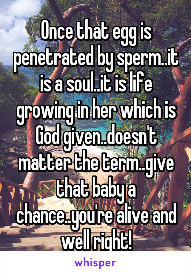 Once that egg is penetrated by sperm..it is a soul..it is life growing in her which is God given..doesn't matter the term..give that baby a chance..you're alive and well right!