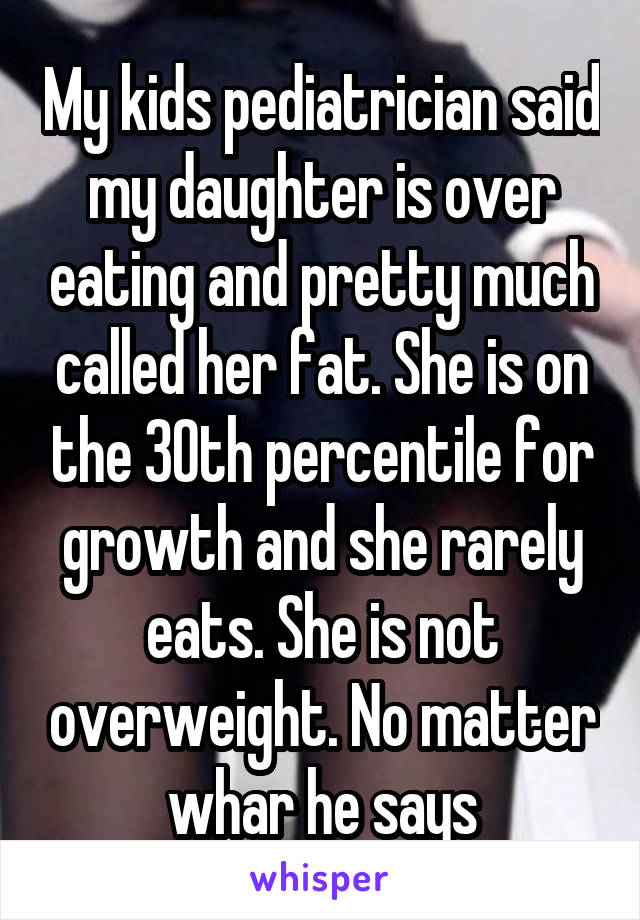 My kids pediatrician said my daughter is over eating and pretty much called her fat. She is on the 30th percentile for growth and she rarely eats. She is not overweight. No matter whar he says