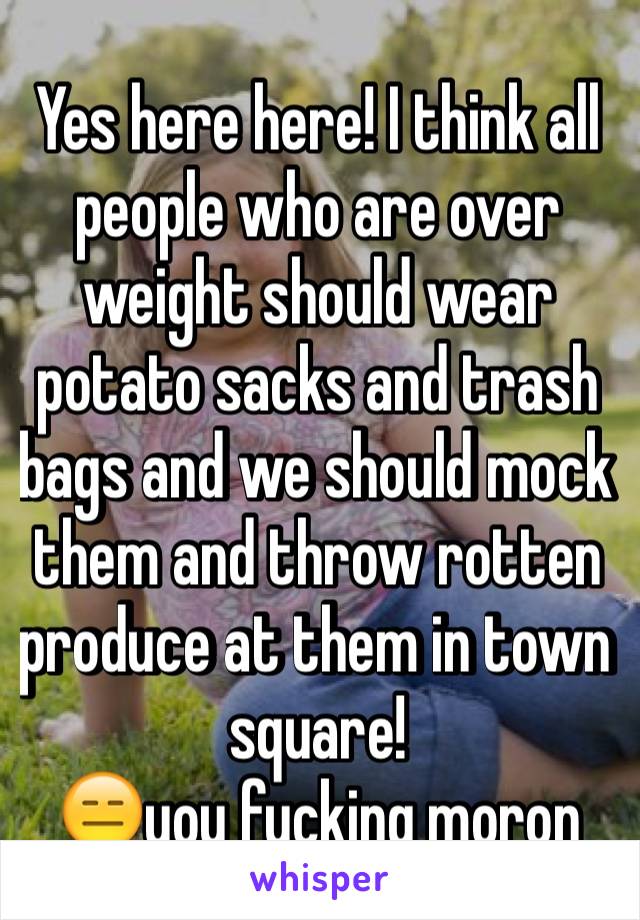 Yes here here! I think all people who are over weight should wear potato sacks and trash bags and we should mock them and throw rotten produce at them in town square!
😑you fucking moron