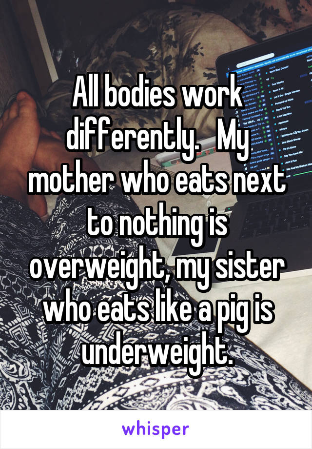 All bodies work differently.   My mother who eats next to nothing is overweight, my sister who eats like a pig is underweight.