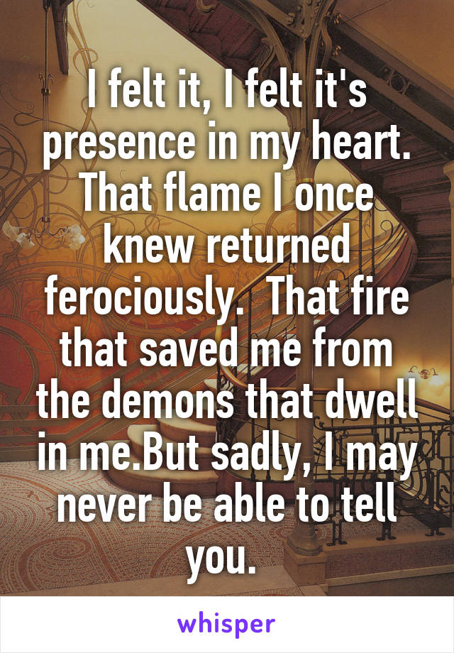 I felt it, I felt it's presence in my heart. That flame I once knew returned ferociously.  That fire that saved me from the demons that dwell in me.But sadly, I may never be able to tell you. 