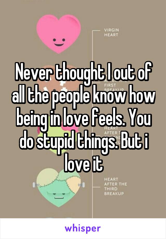 Never thought I out of all the people know how being in love feels. You do stupid things. But i love it