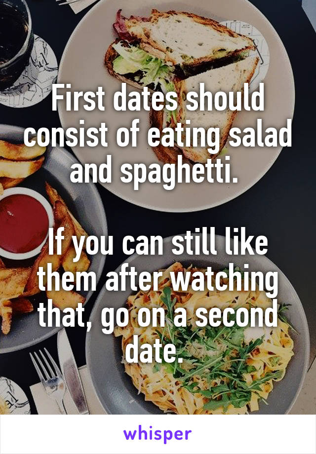 First dates should consist of eating salad and spaghetti. 

If you can still like them after watching that, go on a second date. 