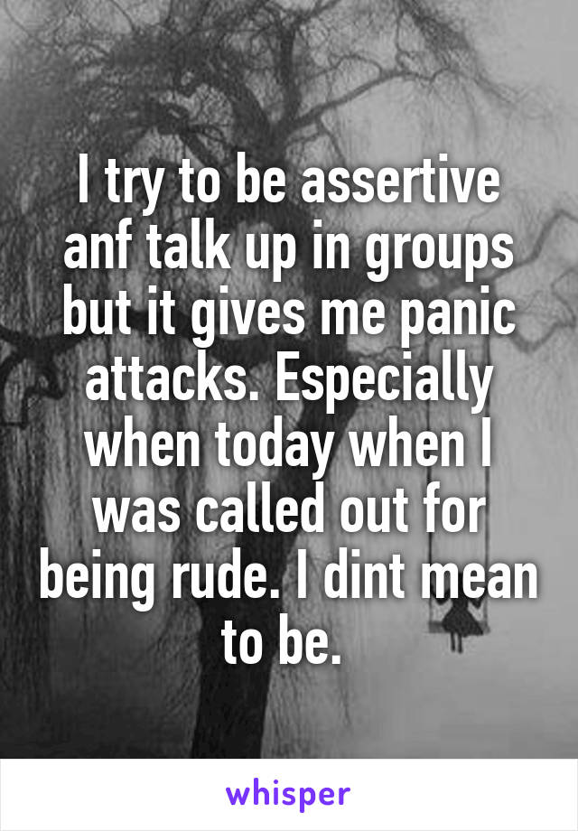 I try to be assertive anf talk up in groups but it gives me panic attacks. Especially when today when I was called out for being rude. I dint mean to be. 