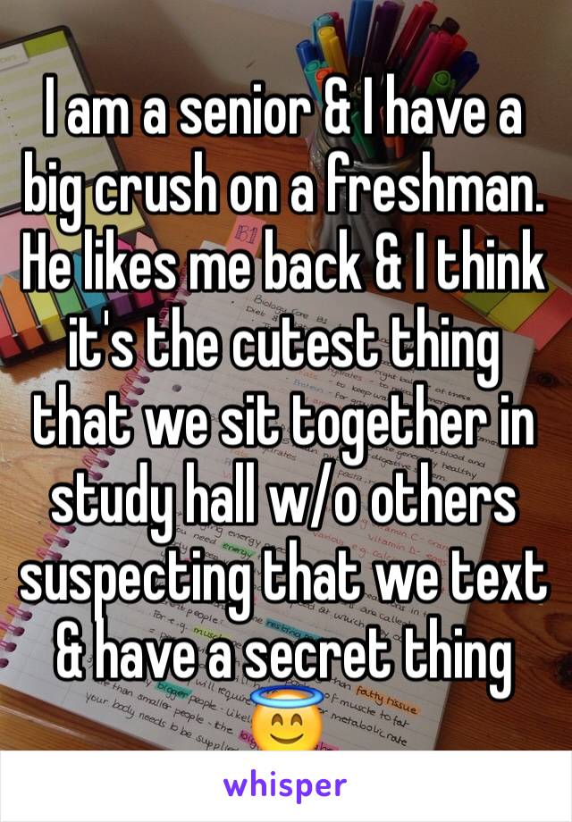 I am a senior & I have a big crush on a freshman. He likes me back & I think it's the cutest thing that we sit together in study hall w/o others suspecting that we text & have a secret thing 😇