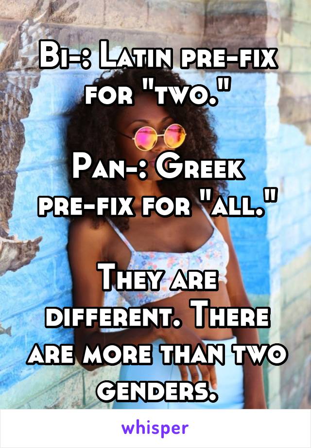 Bi-: Latin pre-fix for "two."

Pan-: Greek pre-fix for "all."

They are different. There are more than two genders.