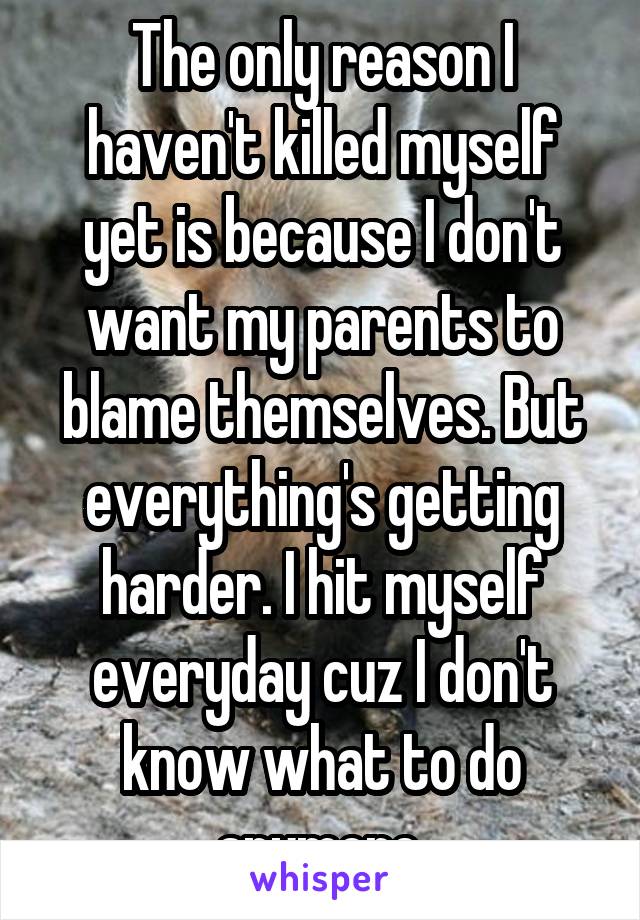 The only reason I haven't killed myself yet is because I don't want my parents to blame themselves. But everything's getting harder. I hit myself everyday cuz I don't know what to do anymore.