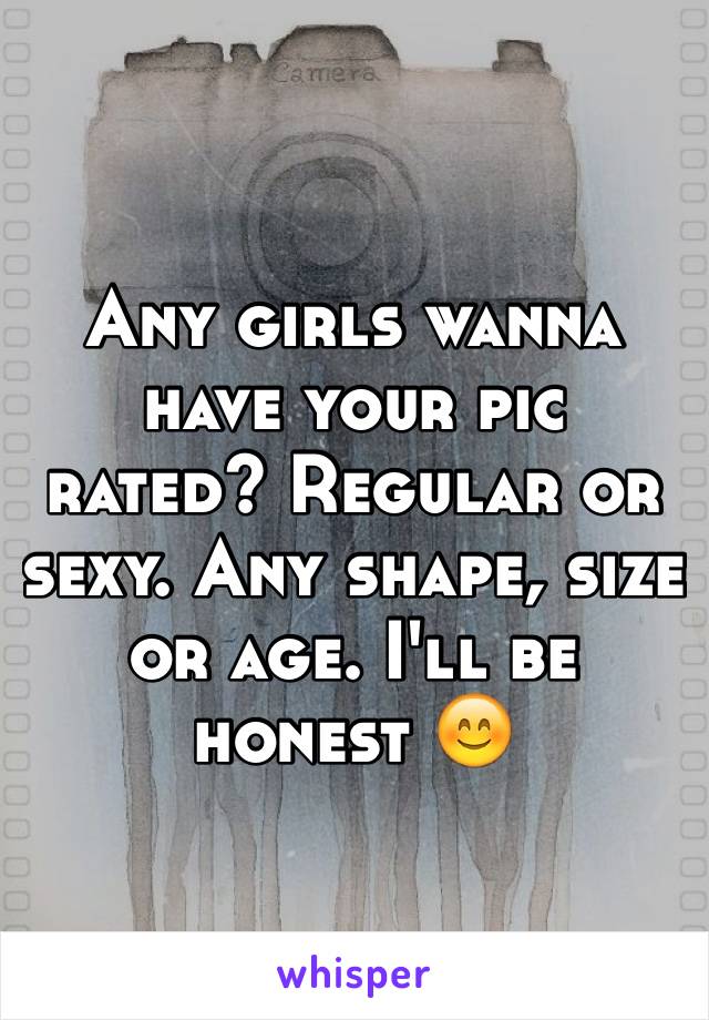 Any girls wanna have your pic rated? Regular or sexy. Any shape, size or age. I'll be honest 😊