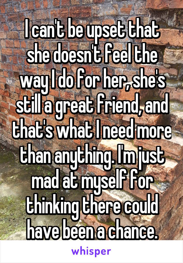 I can't be upset that she doesn't feel the way I do for her, she's still a great friend, and that's what I need more than anything. I'm just mad at myself for thinking there could have been a chance.