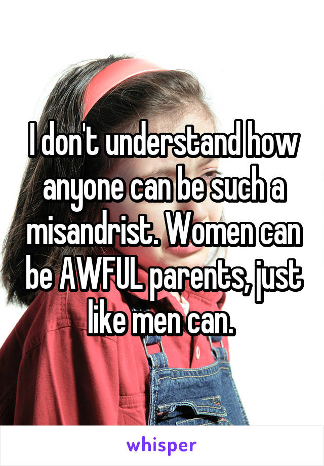 I don't understand how anyone can be such a misandrist. Women can be AWFUL parents, just like men can. 