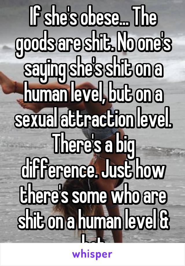 If she's obese... The goods are shit. No one's saying she's shit on a human level, but on a sexual attraction level. There's a big difference. Just how there's some who are shit on a human level & hot