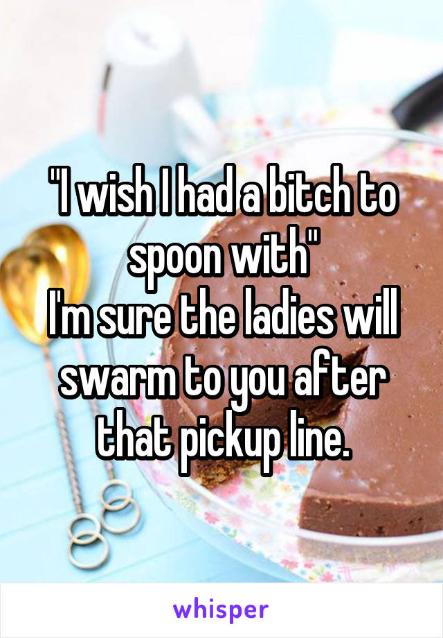 "I wish I had a bitch to spoon with"
I'm sure the ladies will swarm to you after that pickup line.