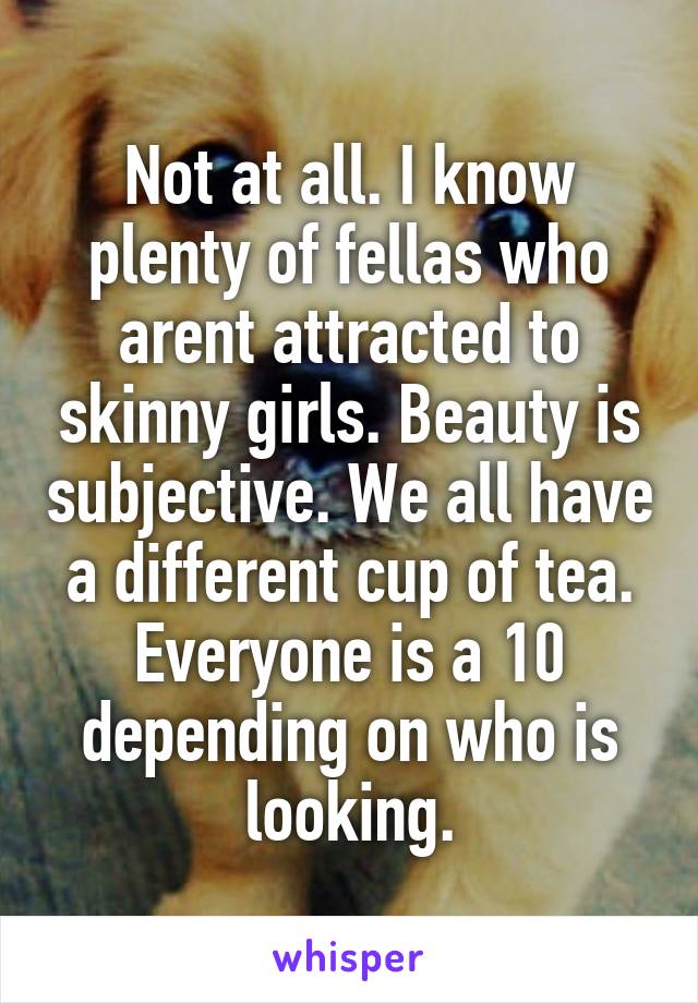 Not at all. I know plenty of fellas who arent attracted to skinny girls. Beauty is subjective. We all have a different cup of tea. Everyone is a 10 depending on who is looking.